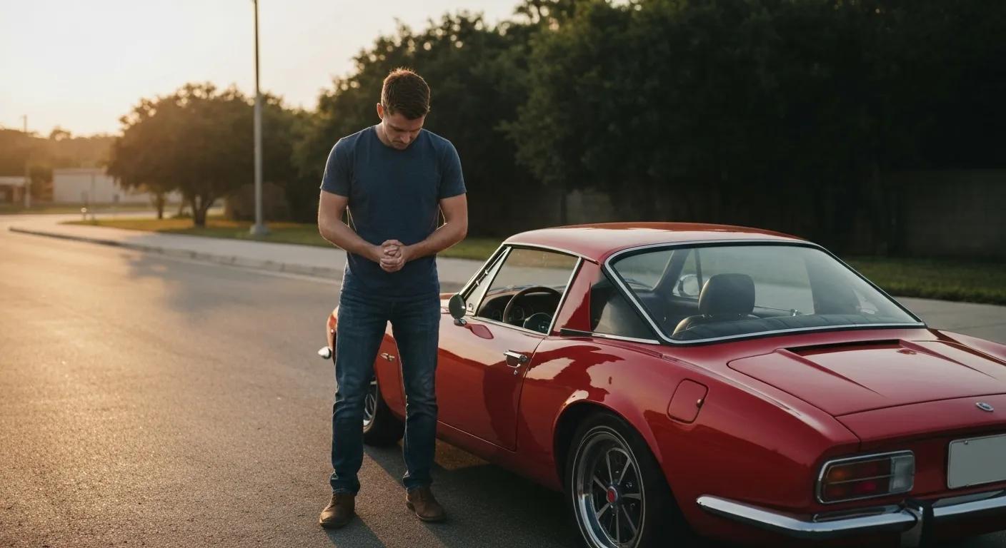 Distressed driver standing beside their car in Homestead, appearing upset after misplacing their car keys