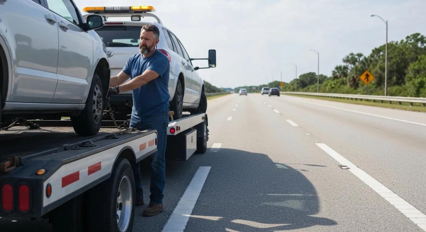 A driver using safe towing techniques on a highway in Florida