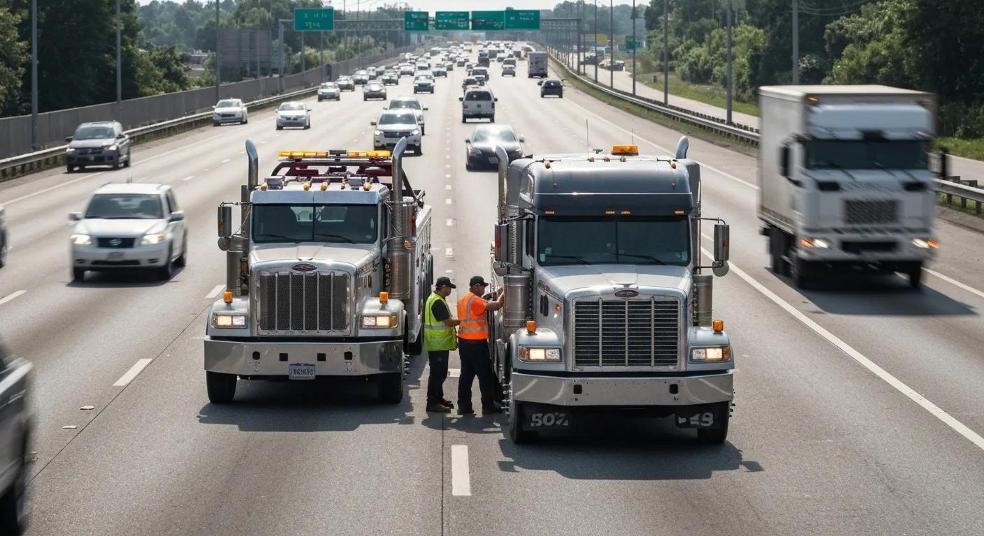 An emergency heavy-duty towing service assisting a disabled truck on a busy highway