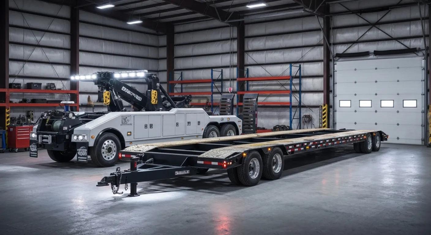 Heavy-duty towing equipment including a rotator wrecker and a lowboy trailer in a garage