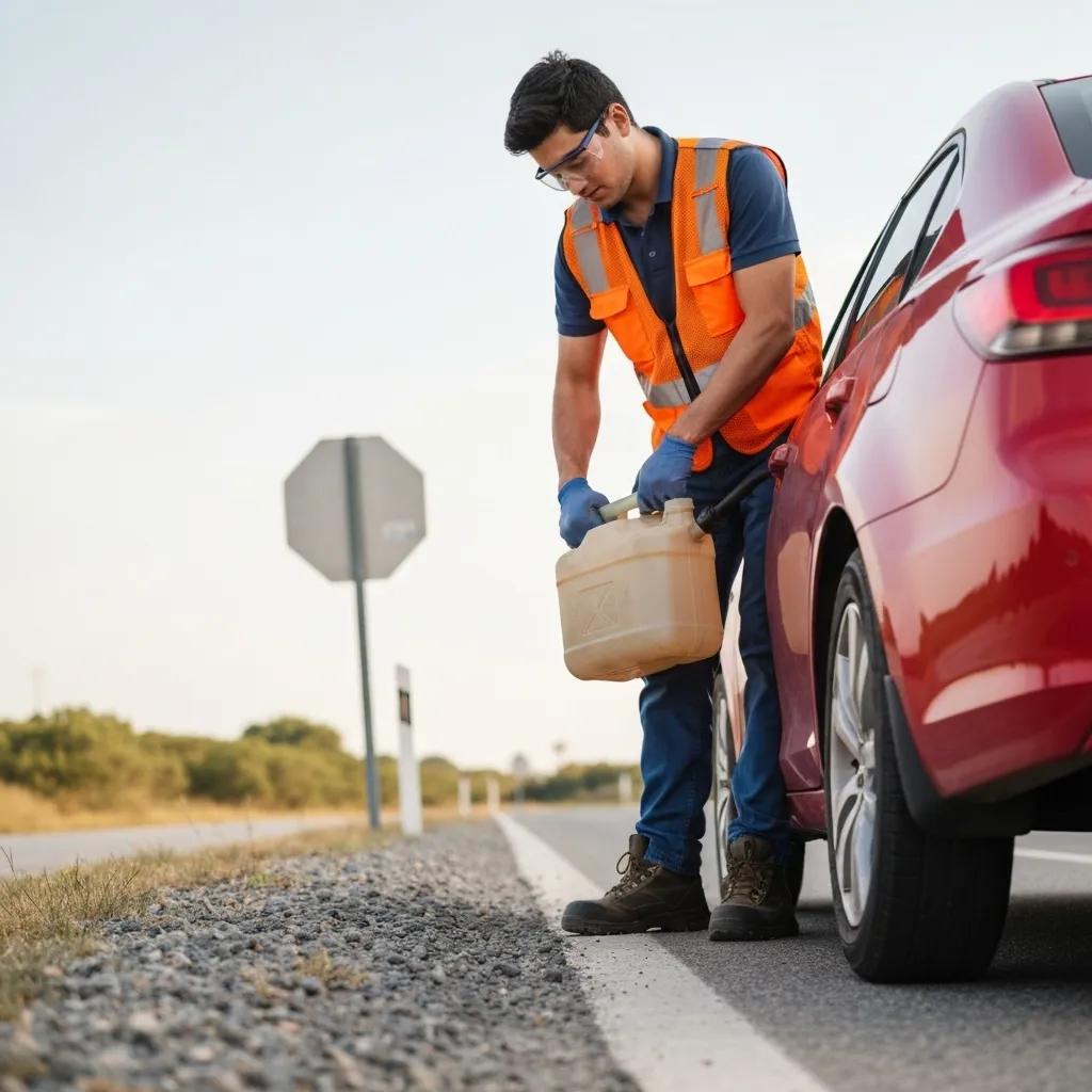 Technician delivering fuel safely to a vehicle on the roadside