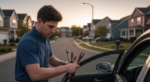 Skilled locksmith using specialized tools to open a car door in a residential neighborhood