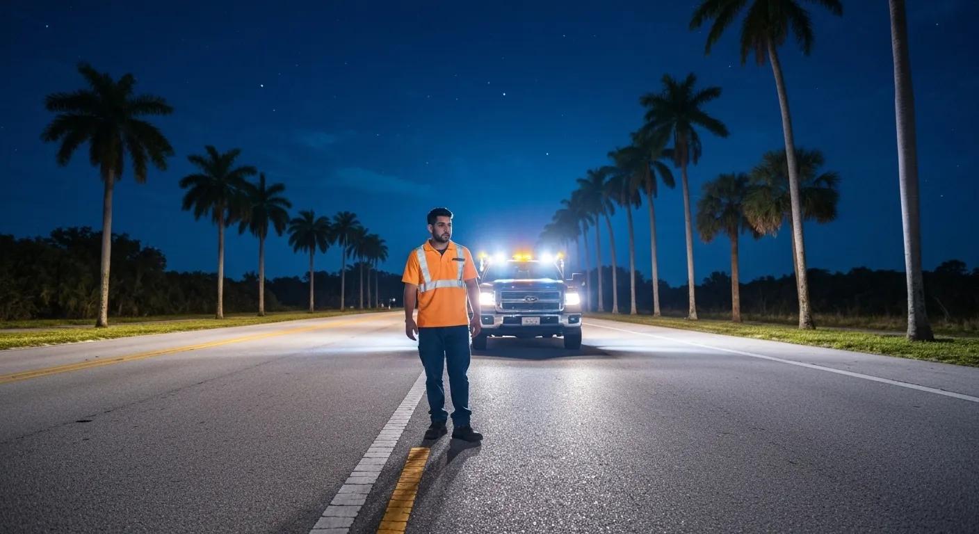 A roadside assistance technician assisting a stranded car on a Homestead, FL road at night