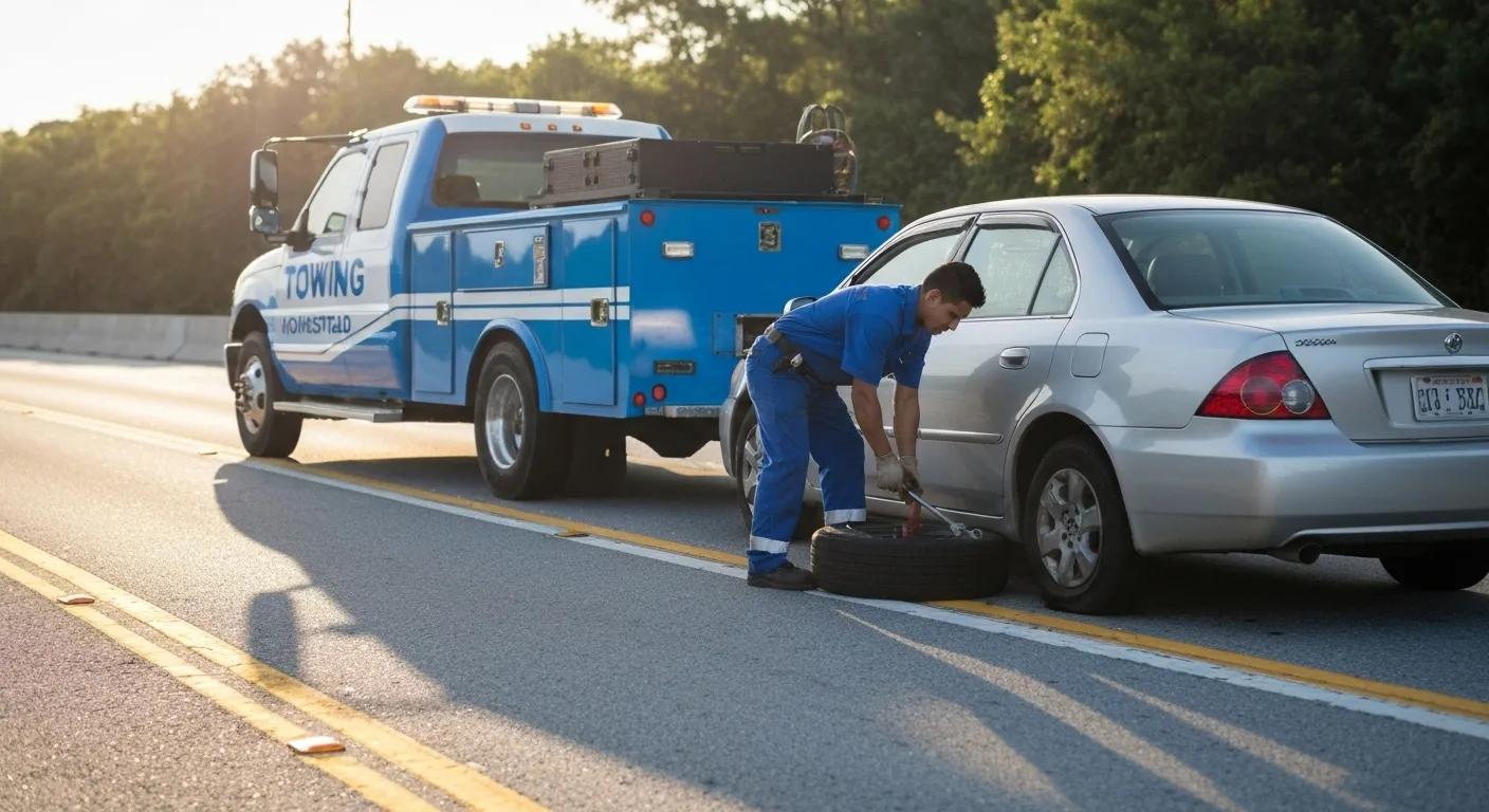 A Towing Homestead service truck is parked behind a customer's car on the roadside, with a technician working on changing the flat tire.