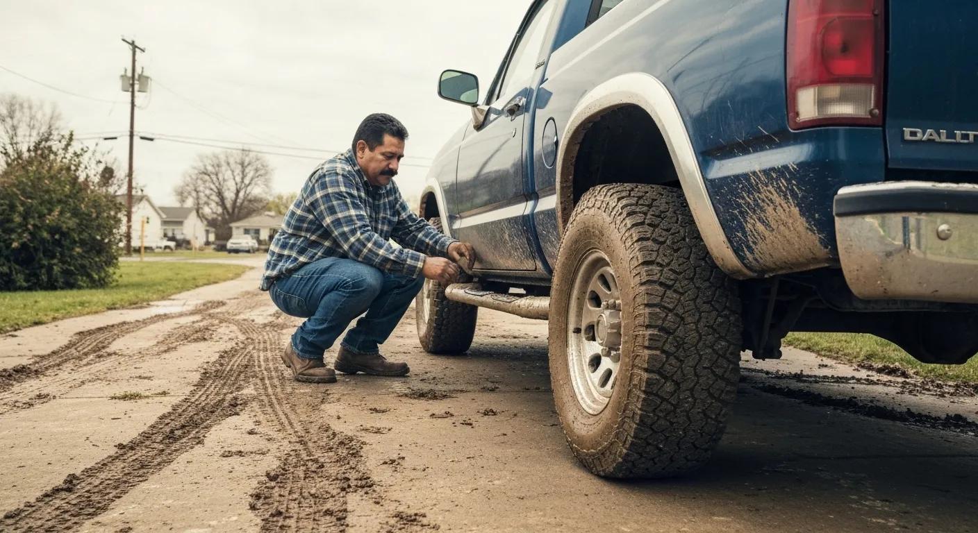 Driver inspecting vehicle in muddy driveway to prevent getting stuck