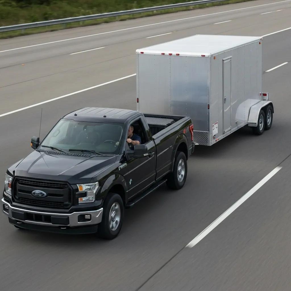A tow vehicle and trailer moving along a highway, demonstrating stability and correct weight distribution