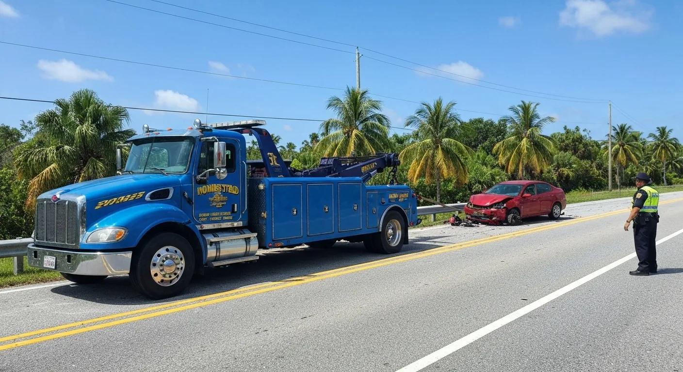 A tow truck recovering a vehicle from a roadside accident in Homestead, FL