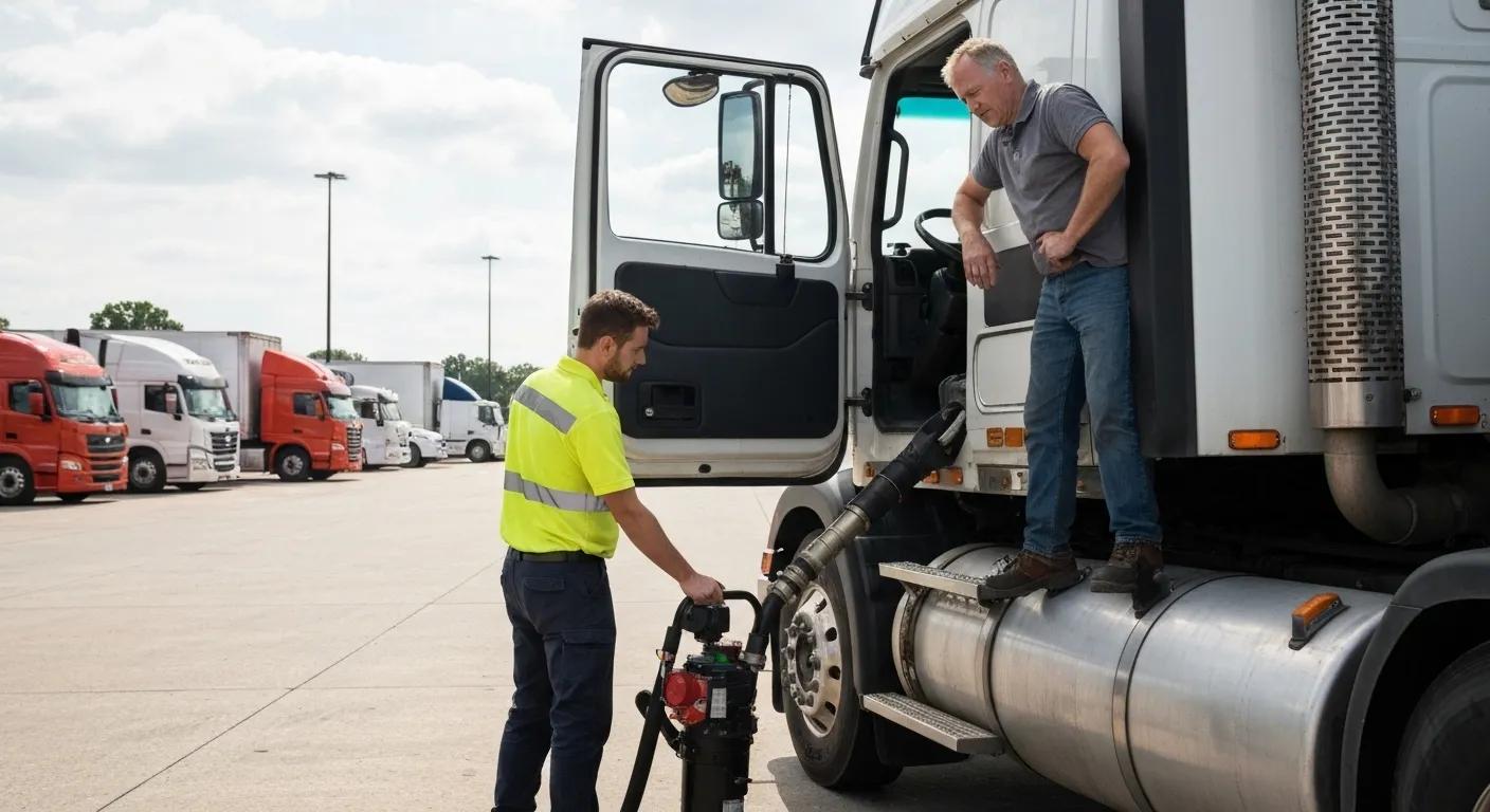 Roadside assistance technician helping a commercial truck driver with emergency fuel delivery