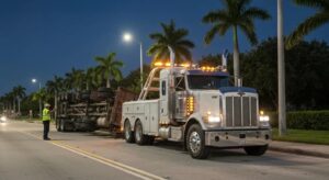A heavy-duty tow truck carefully lifting a semi-truck on a busy Homestead, FL road