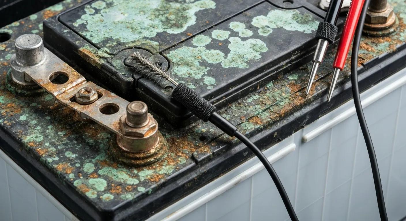 Close-up of a car battery showing some corrosion, with tools for battery maintenance nearby