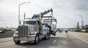 Heavy-duty tow truck lifting a commercial vehicle on a highway in Homestead