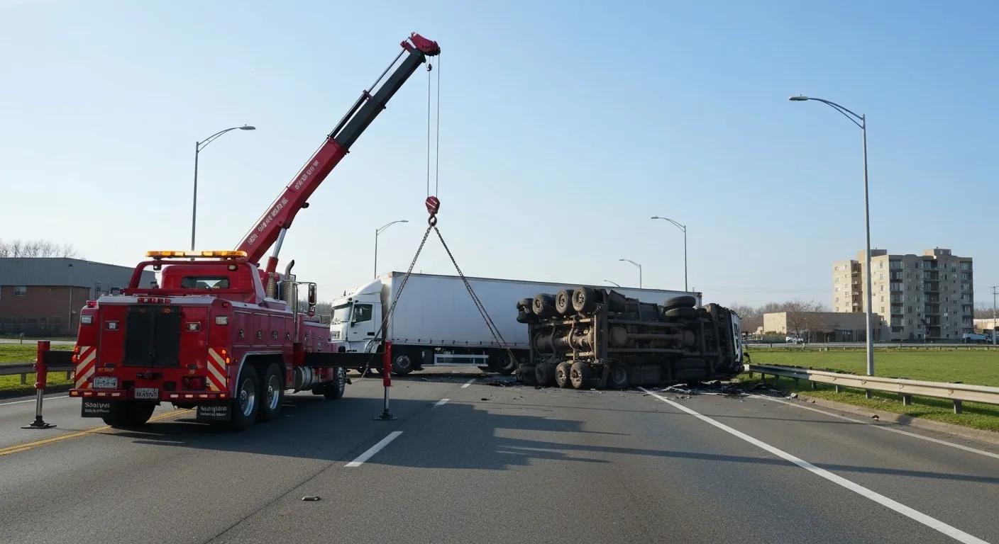 Rotator tow truck recovering a commercial vehicle after an accident on a highway