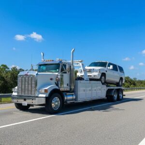 Heavy-duty tow truck hauling a large vehicle on a sunny Florida highway